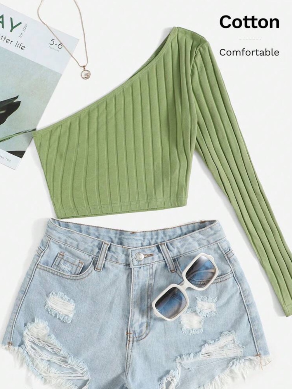 SHEIN Olive Green One-Shoulder Ribbed Crop Top